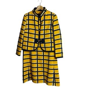 Vintage 1960’s Matching Coordinates Dress Jacket Windowpane Yellow Midnight Navy